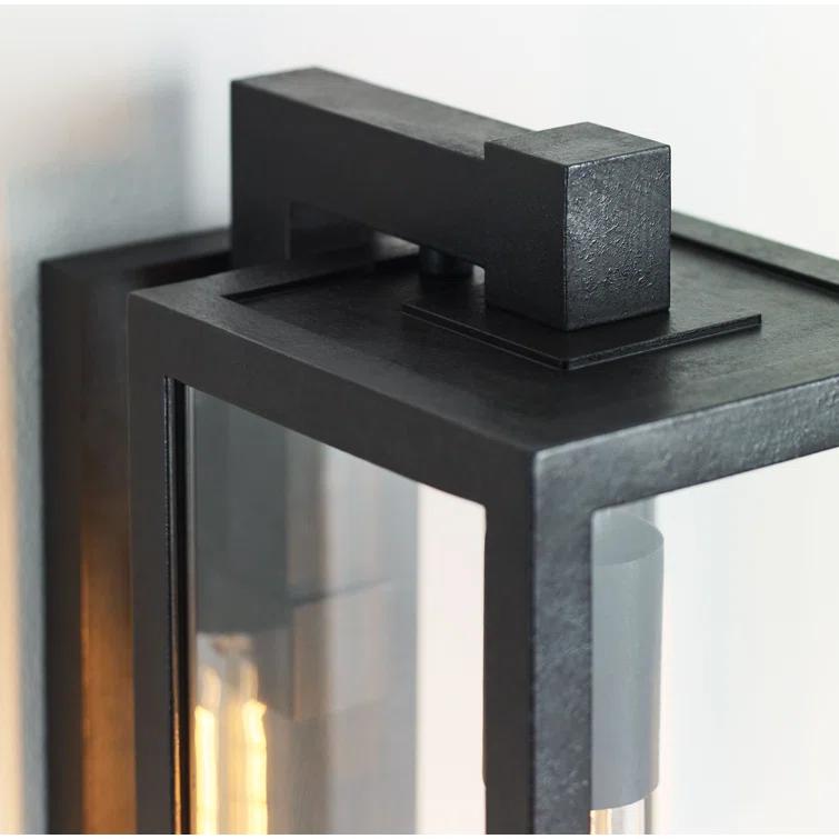 Fresno Black Iron Geometric Outdoor Wall Light with Clear Glass