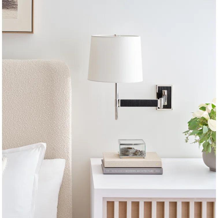 Elle Polished Nickel & Black Rattan 17'' Swing Arm Sconce with Linen Shade