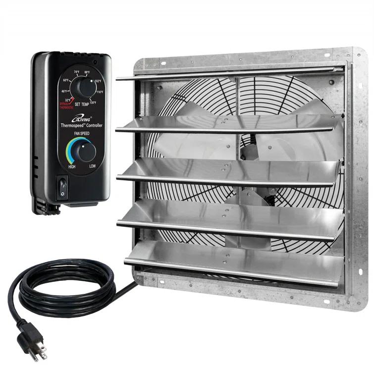 iLIVING ILG8SF20V-ST 20" Wall Mounted Shutter Exhaust Fan, Automatic Shutter, with Thermostat and Variable Speed controller, 2.2A, 3368 CFM, 5000 SQF Coverage Area Silver