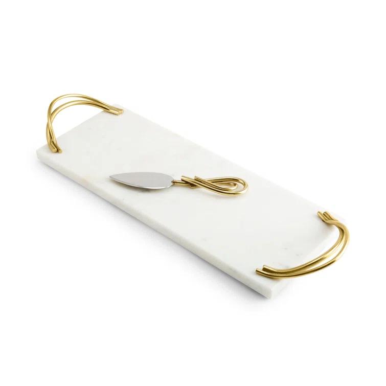 White Marble Rectangular Cheese Board with Gold Spreader Knife