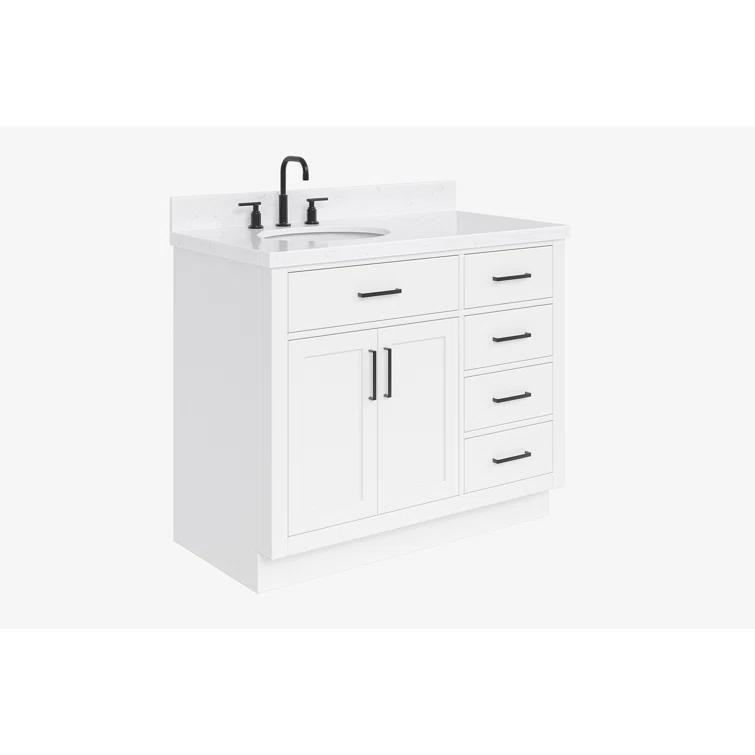 Hokku Designs Thornaby 42'' Solid Wood Single Bathroom Vanity with 1.5'' Carrara Quartz Top, Left Offset Oval Sink