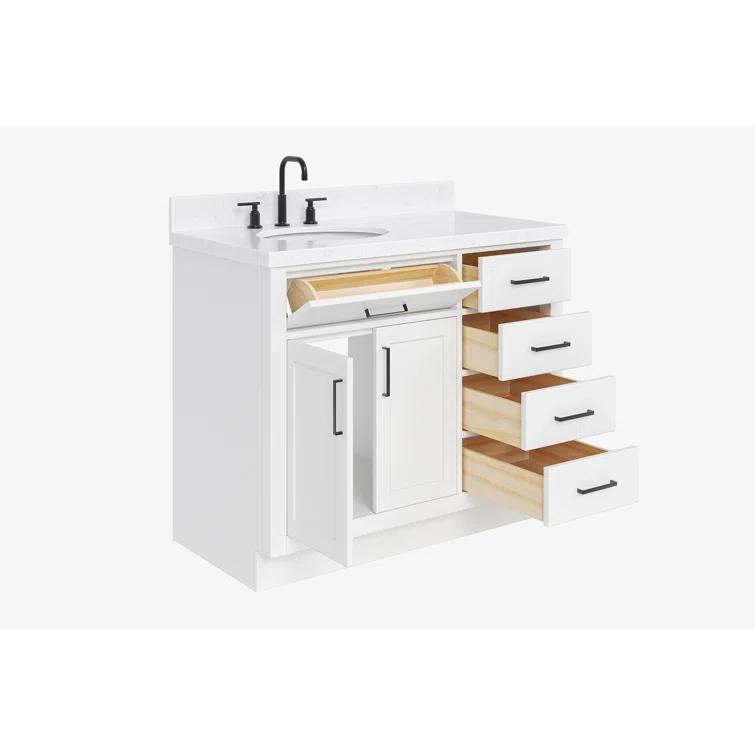 Hokku Designs Thornaby 42'' Solid Wood Single Bathroom Vanity with 1.5'' Carrara Quartz Top, Left Offset Oval Sink