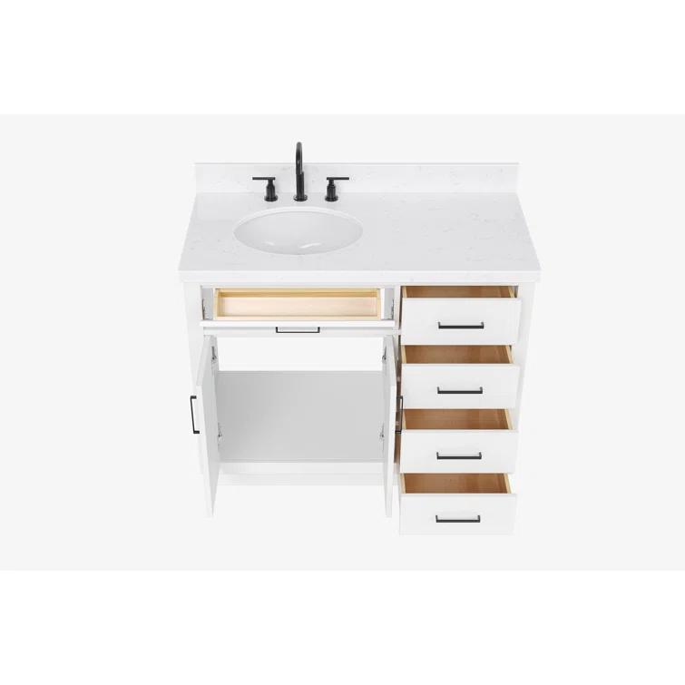 Hokku Designs Thornaby 42'' Solid Wood Single Bathroom Vanity with 1.5'' Carrara Quartz Top, Left Offset Oval Sink