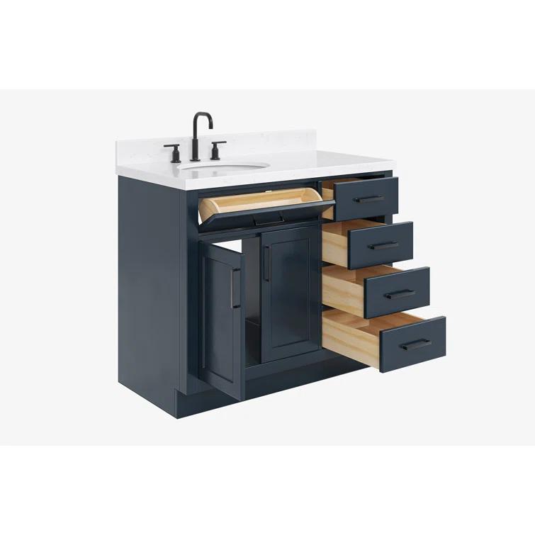 Hokku Designs Thornaby 42'' Solid Wood Single Bathroom Vanity with 1.5'' Carrara Quartz Top, Right Offset Oval Sink