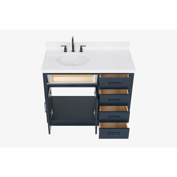 Hokku Designs Thornaby 42'' Solid Wood Single Bathroom Vanity with 1.5'' Carrara Quartz Top, Right Offset Oval Sink