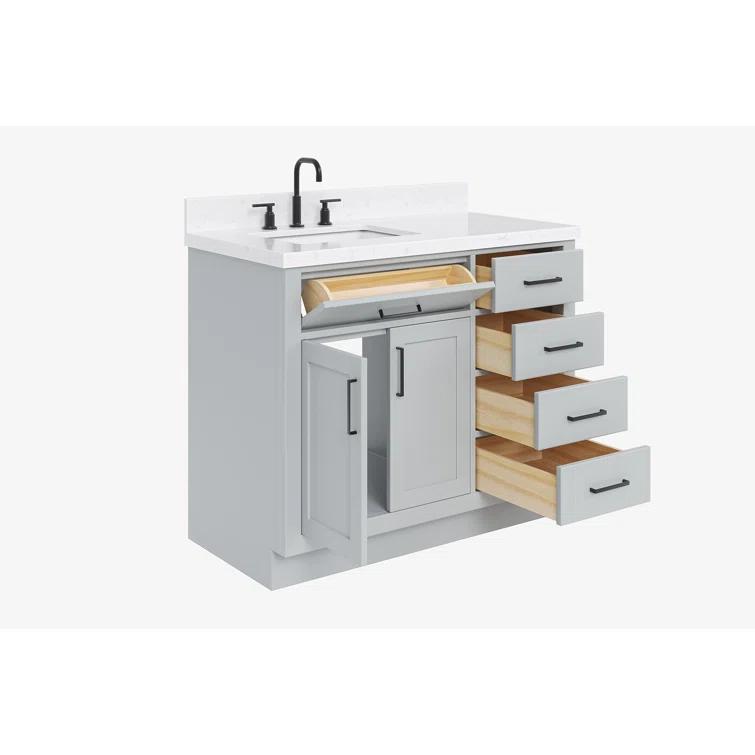 Wildon Home® Tidworth 42'' Solid Wood Single Bathroom Vanity with 1.5'' White Quartz Top, Right Offset Rectangular Sink