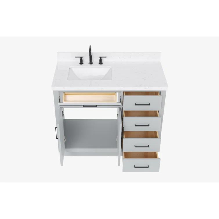 Wildon Home® Tidworth 42'' Solid Wood Single Bathroom Vanity with 1.5'' White Quartz Top, Right Offset Rectangular Sink