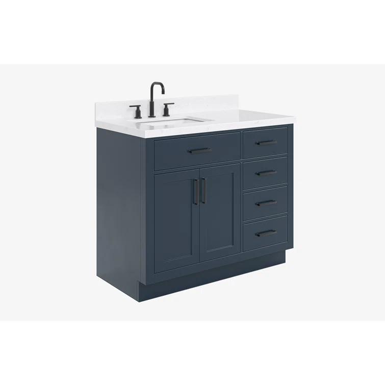 Hokku Designs Thornaby 42'' Solid Wood Single Bathroom Vanity with 1.5'' Carrara Quartz Top, Right Offset Oval Sink