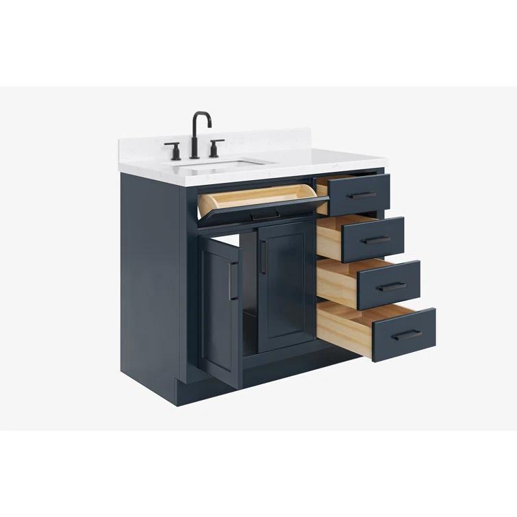 Hokku Designs Thornaby 42'' Solid Wood Single Bathroom Vanity with 1.5'' Carrara Quartz Top, Right Offset Oval Sink