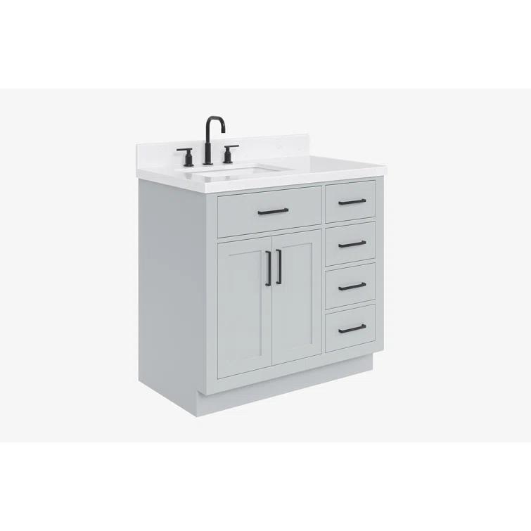 Thornaby 36'' Solid Wood Single Bathroom Vanity with 1.5'' Carrara Quartz Top, Left Offset Oval Sink