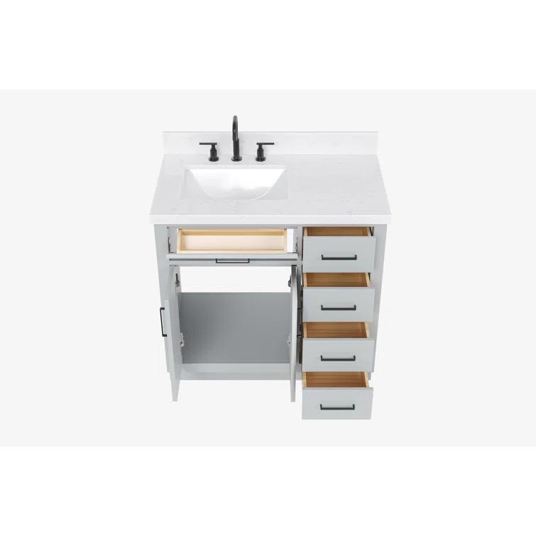 Thornaby 36'' Solid Wood Single Bathroom Vanity with 1.5'' Carrara Quartz Top, Left Offset Oval Sink