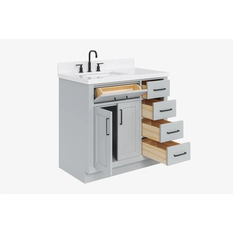Thornaby 36'' Solid Wood Single Bathroom Vanity with 1.5'' Carrara Quartz Top, Left Offset Oval Sink