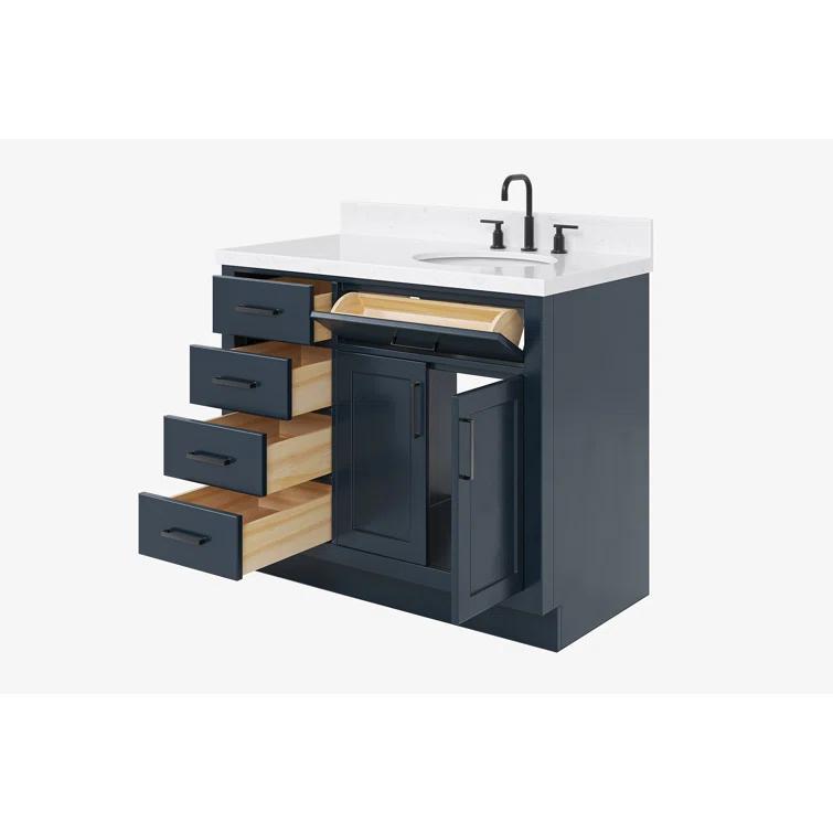 Hokku Designs Thornaby 42'' Solid Wood Single Bathroom Vanity with 1.5'' Carrara Quartz Top, Right Offset Oval Sink