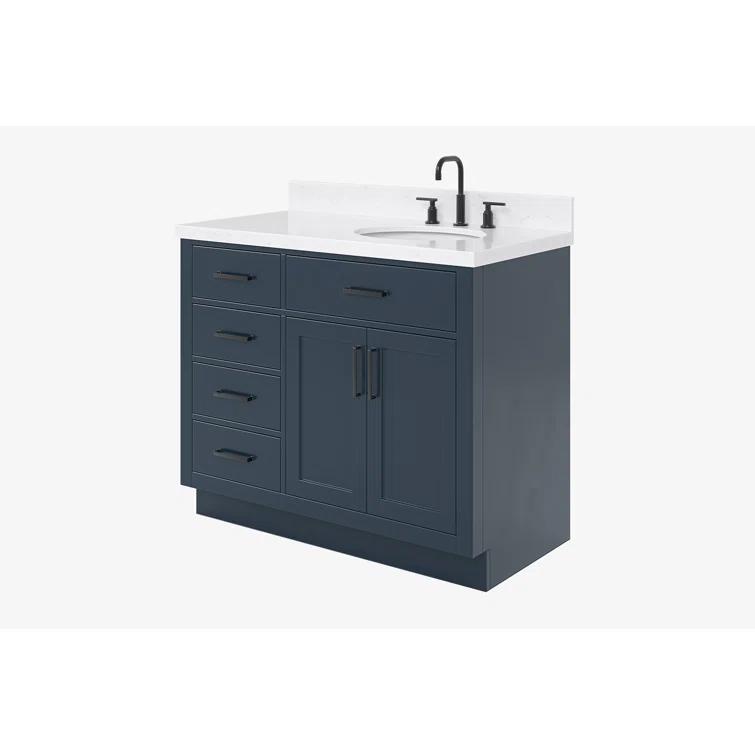 Hokku Designs Thornaby 42'' Solid Wood Single Bathroom Vanity with 1.5'' Carrara Quartz Top, Right Offset Oval Sink