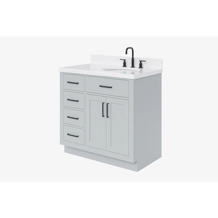 Thornaby 36'' Solid Wood Single Bathroom Vanity with 1.5'' Carrara Quartz Top, Left Offset Oval Sink