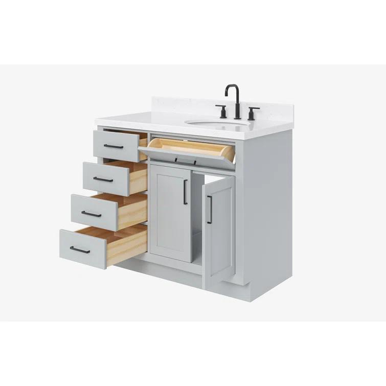 Wildon Home® Tidworth 42'' Solid Wood Single Bathroom Vanity with 1.5'' White Quartz Top, Right Offset Rectangular Sink