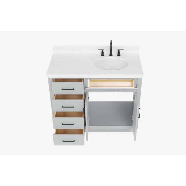 Wildon Home® Tidworth 42'' Solid Wood Single Bathroom Vanity with 1.5'' White Quartz Top, Right Offset Rectangular Sink