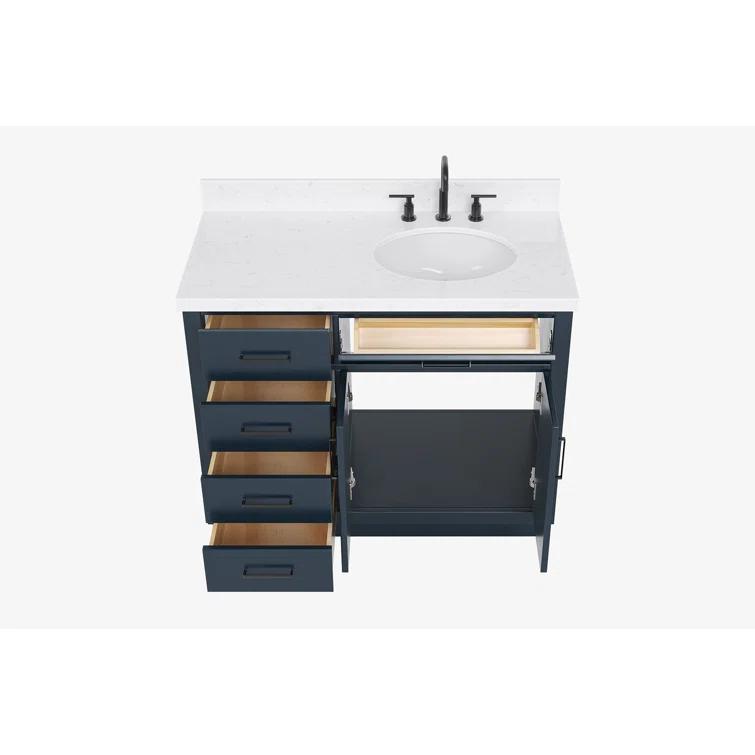 Hokku Designs Thornaby 42'' Solid Wood Single Bathroom Vanity with 1.5'' Carrara Quartz Top, Right Offset Oval Sink