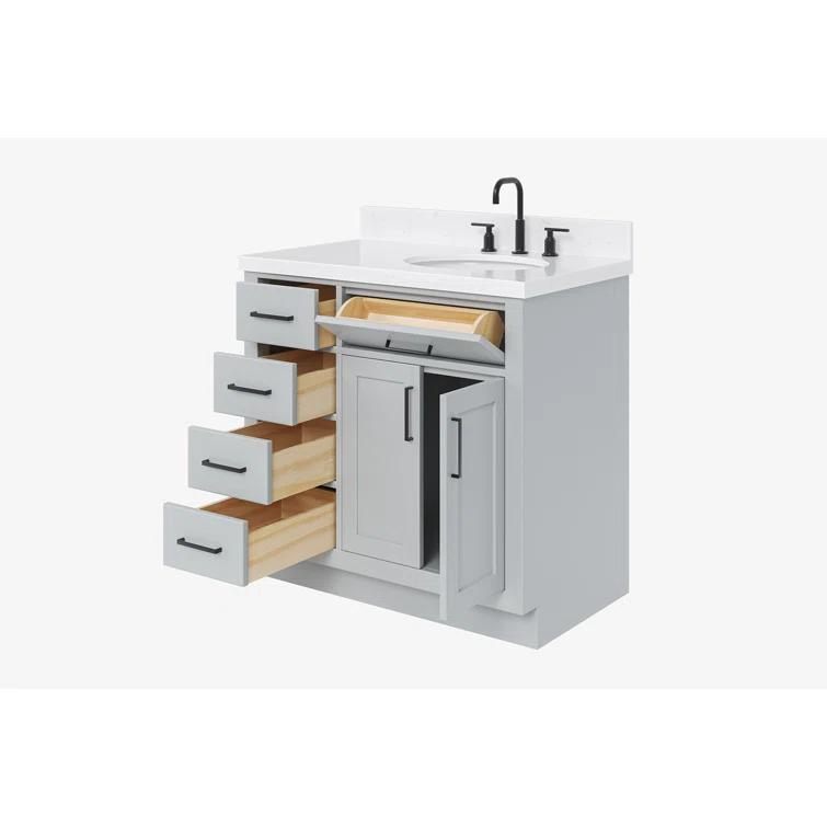 Thornaby 36'' Solid Wood Single Bathroom Vanity with 1.5'' Carrara Quartz Top, Left Offset Oval Sink