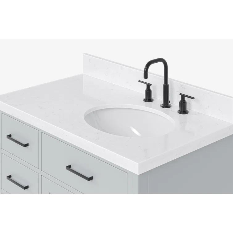 Thornaby 36'' Solid Wood Single Bathroom Vanity with 1.5'' Carrara Quartz Top, Left Offset Oval Sink