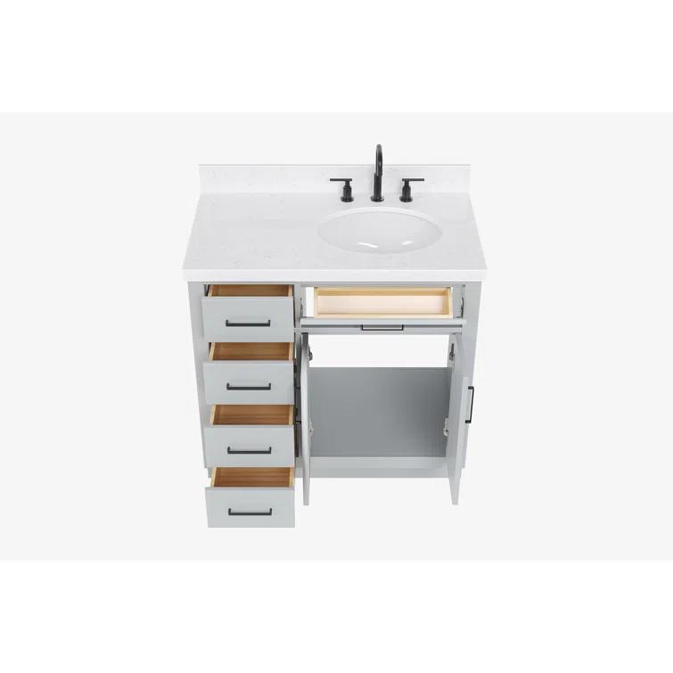 Thornaby 36'' Solid Wood Single Bathroom Vanity with 1.5'' Carrara Quartz Top, Left Offset Oval Sink
