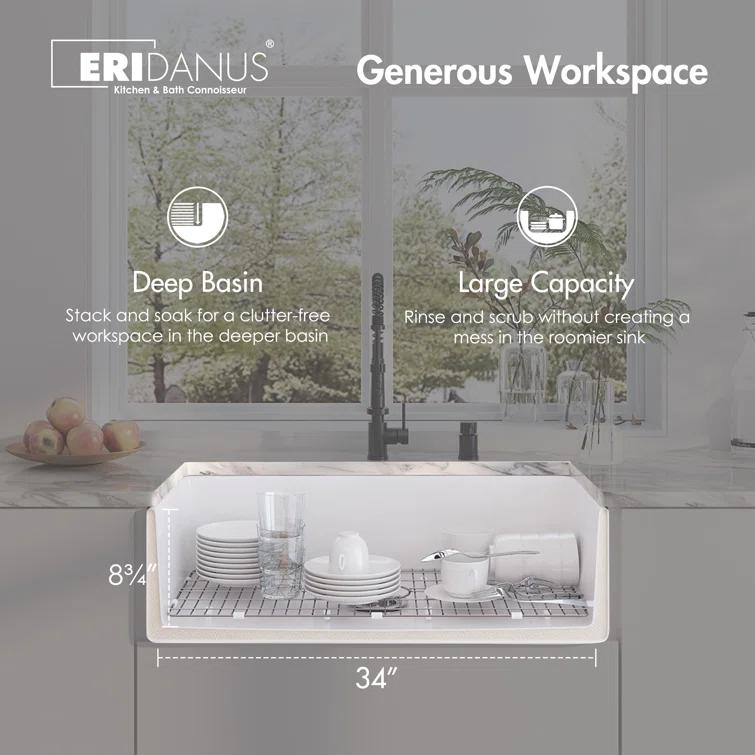 Denbigh 36'' W Farmhouse / Apron Single Bowl White Fireclay Kitchen Sink with Accessories