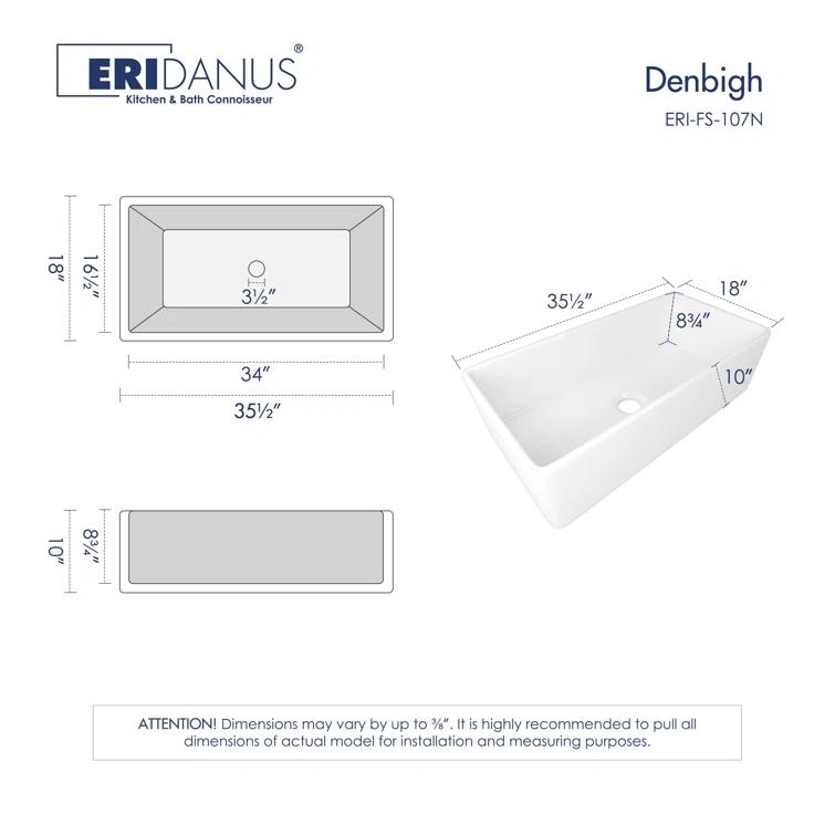 Denbigh 36'' W Farmhouse / Apron Single Bowl White Fireclay Kitchen Sink with Accessories