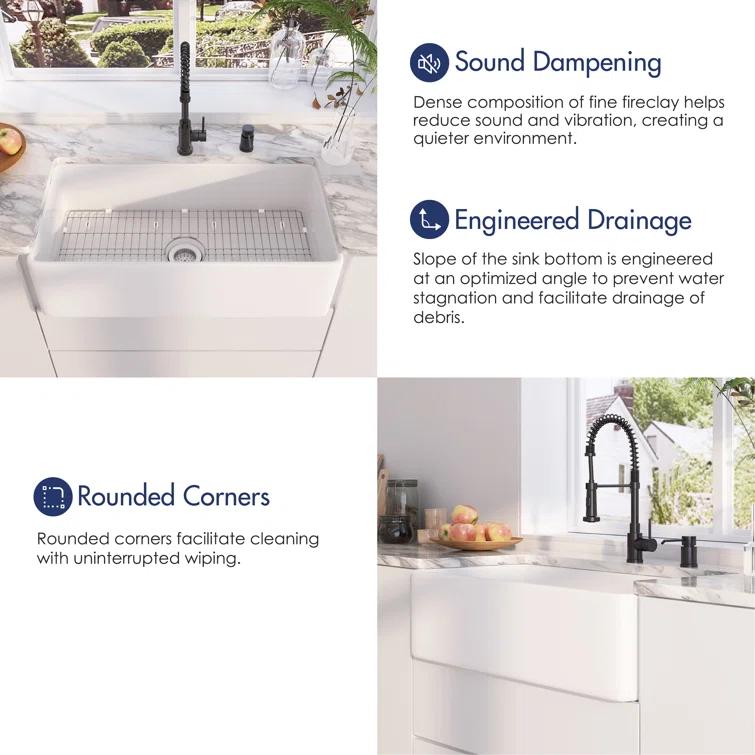 Denbigh 36'' W Farmhouse / Apron Single Bowl White Fireclay Kitchen Sink with Accessories