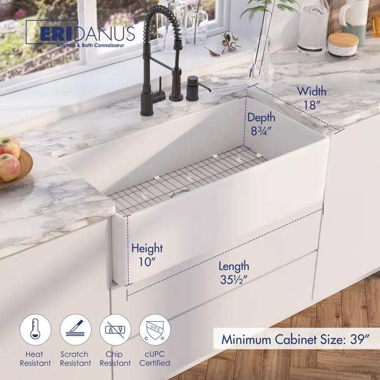 Denbigh 36'' W Farmhouse / Apron Single Bowl White Fireclay Kitchen Sink with Accessories