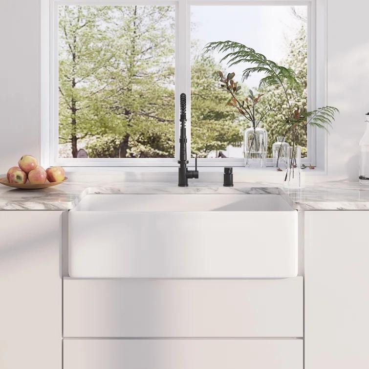 Denbigh 36'' W Farmhouse / Apron Single Bowl White Fireclay Kitchen Sink with Accessories