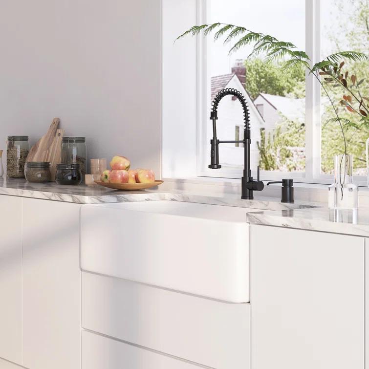 Denbigh 36'' W Farmhouse / Apron Single Bowl White Fireclay Kitchen Sink with Accessories