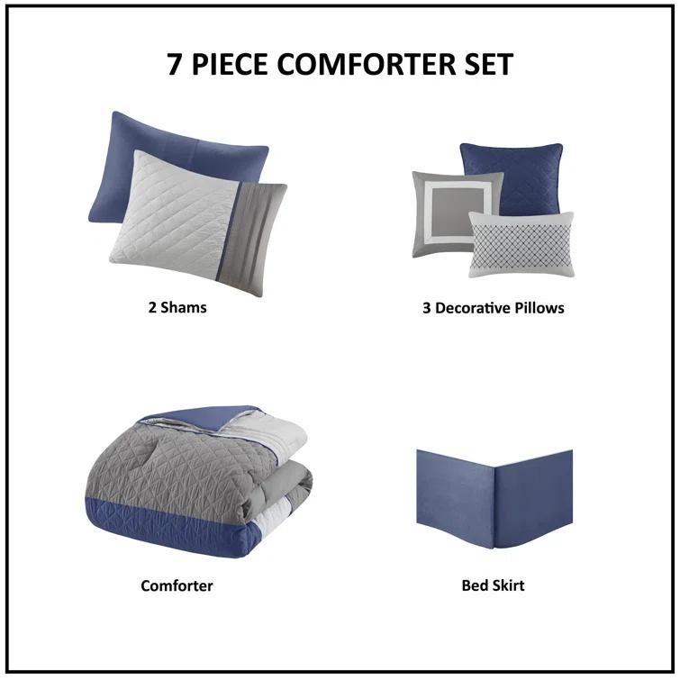 Madison Park Jenson 7 Piece Color Block Stripe Comforter Set with Throw Pillows