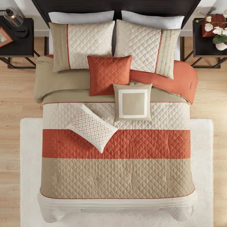 Madison Park Jenson 7 Piece Color Block Stripe Comforter Set with Throw Pillows
