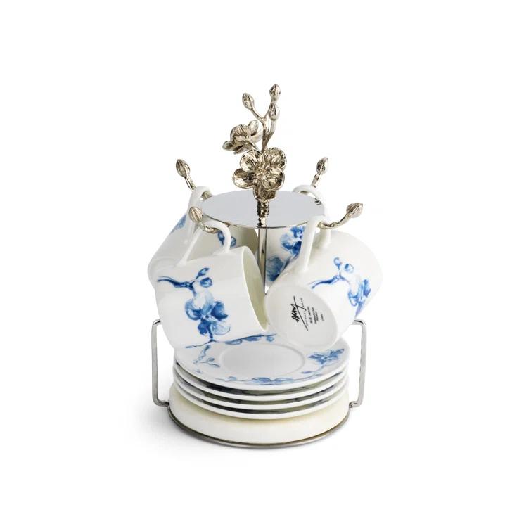 Blue Orchid Porcelain Demitasse Set with Stainless Steel Stand