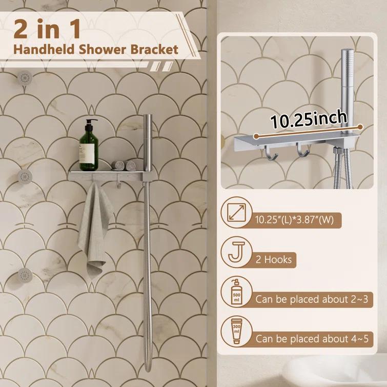 Rainfall Thermostatic Shower System with Body Jets, 2-Sprays Shower Head and a Shelf