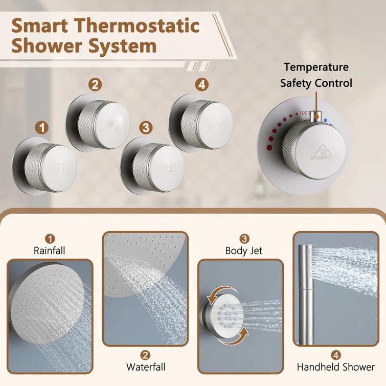 Rainfall Thermostatic Shower System with Body Jets, 2-Sprays Shower Head and a Shelf