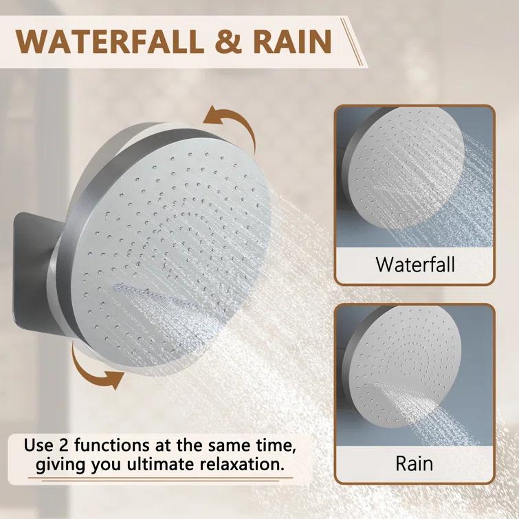 Rainfall Thermostatic Shower System with Body Jets, 2-Sprays Shower Head and a Shelf