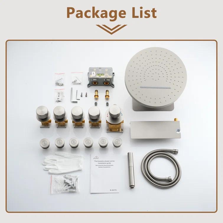 Rainfall Thermostatic Shower System with Body Jets, 2-Sprays Shower Head and a Shelf