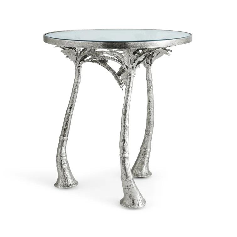 Windswept Palm Round Silver Metal & Glass Side Table