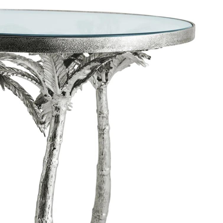 Windswept Palm Round Silver Metal & Glass Side Table