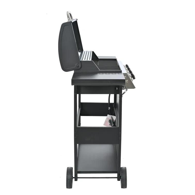 Propane Gas Grill 4 Burner Barbecue Grill, Stainless Steel 34,000 BTU Patio Garden Barbecue Grill With Two Shelves, Lid, Wheels And Bottle Opener
