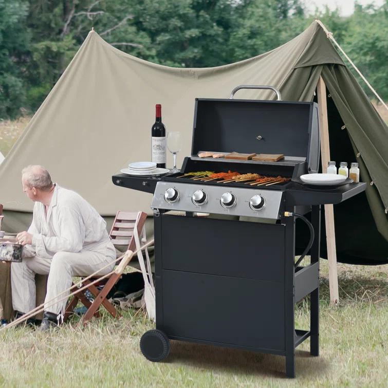 Propane Gas Grill 4 Burner Barbecue Grill, Stainless Steel 34,000 BTU Patio Garden Barbecue Grill With Two Shelves, Lid, Wheels And Bottle Opener