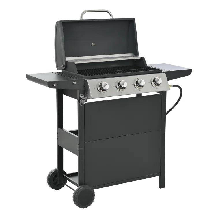 Propane Gas Grill 4 Burner Barbecue Grill, Stainless Steel 34,000 BTU Patio Garden Barbecue Grill With Two Shelves, Lid, Wheels And Bottle Opener