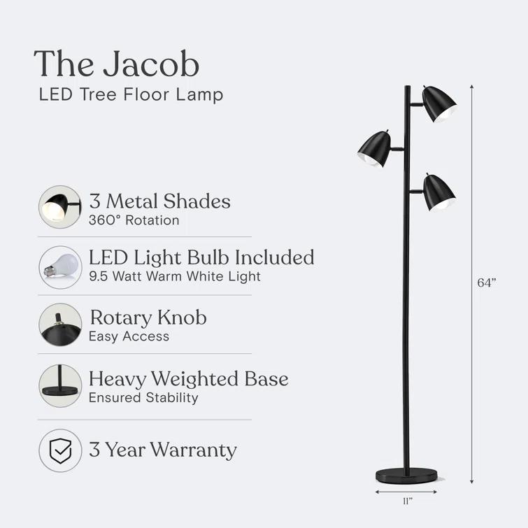 Brightech Jacob 64" Modern 3-Light Adjustable LED Floor Lamp with Black Finish and Metal Cone Shades, Bulbs Included