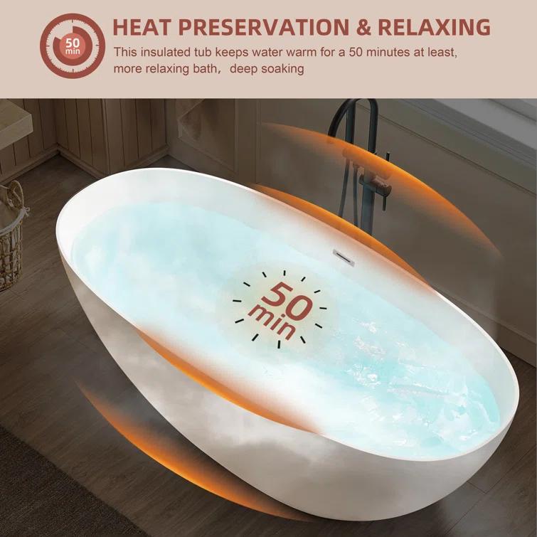 KDK HOME 67 in Freestanding Bathtub Acrylic Deep Soaking Tubs with Overflow