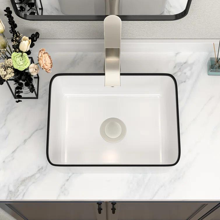 Logmey S0LM19MP15HB 19 x 15 Inch Ceramic Rectangular Vessel Bathroom Sink Above Counter White Sink Bathroom Vessel Sink