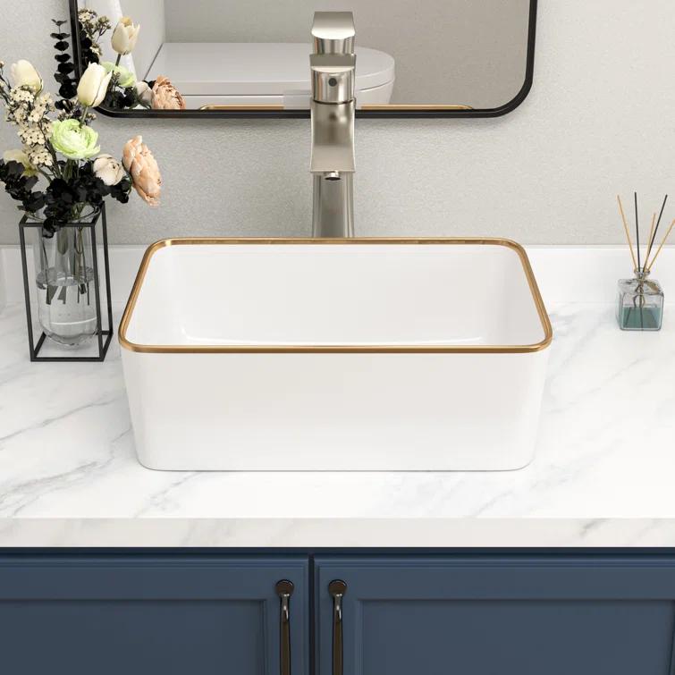 Logmey S0LM19MP15JB 19 x 15 Inch Ceramic Rectangular Vessel Bathroom Sink Above Counter White Sink Bathroom Vessel Sink