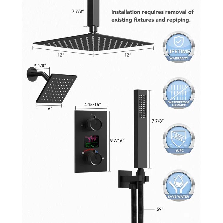 Pressure Balancing Shower Faucet 12" High-Pressure Dual Showerheads with LCD Display