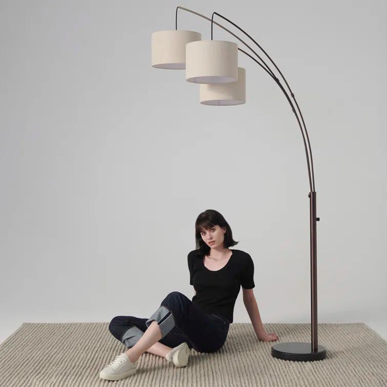 Brightech Trilage 84 in. Mid-Century Modern 3-Light Adjustable LED Arched Standing Floor Lamp with 3 Fabric Drum Shades