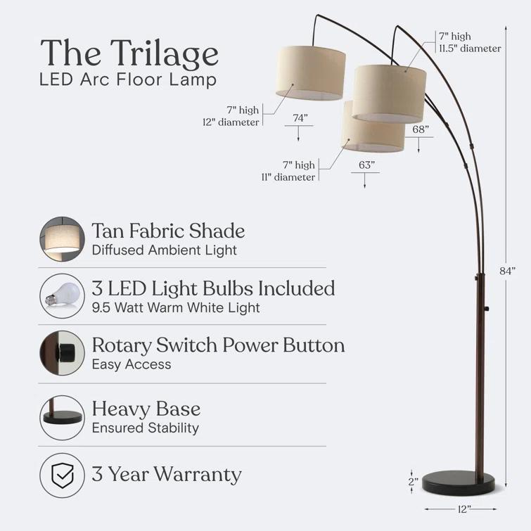 Brightech Trilage 84 in. Mid-Century Modern 3-Light Adjustable LED Arched Standing Floor Lamp with 3 Fabric Drum Shades
